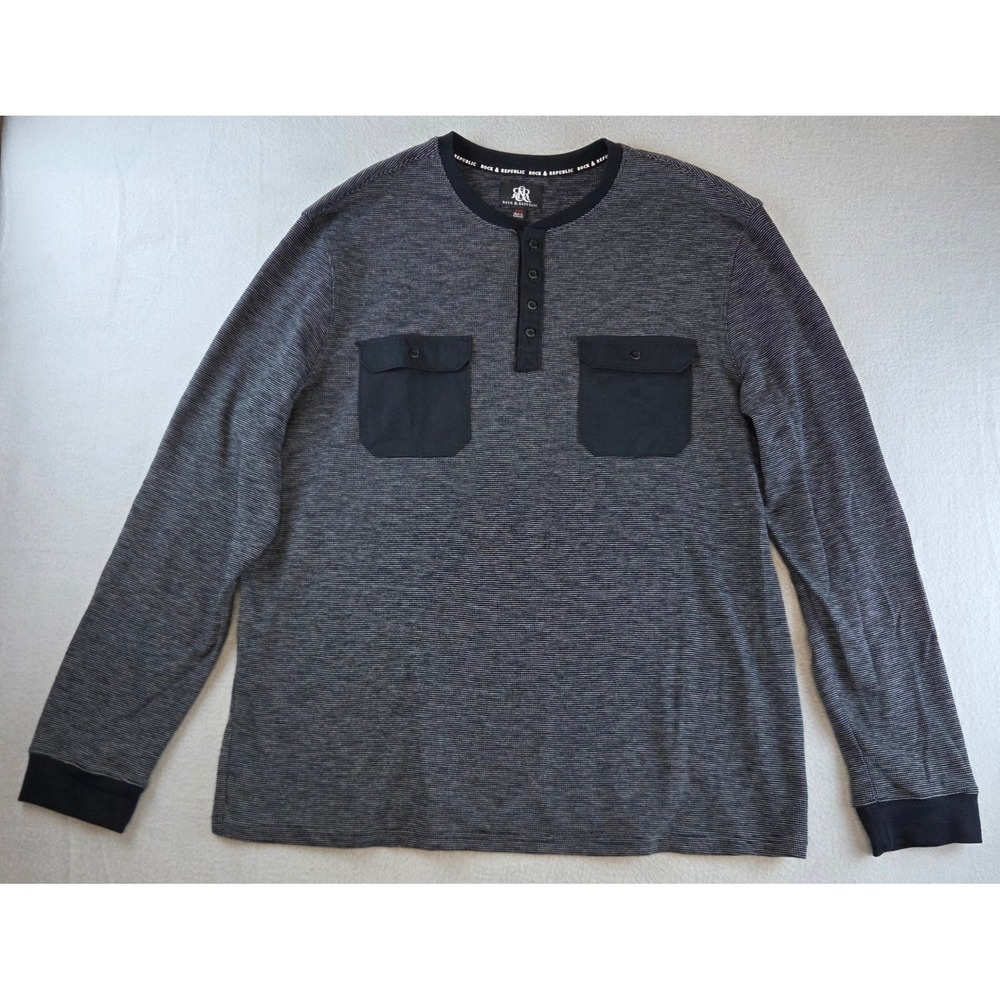 Rock & Republic Henley Shirt Mens XXL Black Gray Long Sleeve Double Pocket